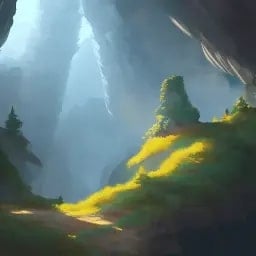 Fotor AIによって作成された太陽が大きな洞窟に差し込む