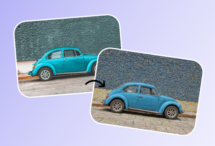 Fotorのひつじのショーン加工ツールで青い車の写真に粘土フィルターを追加する