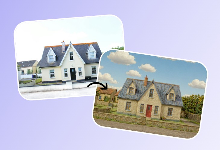 Fotorの粘土フィルターでヴィンテージの白い別荘をひつじのショーン風に変える