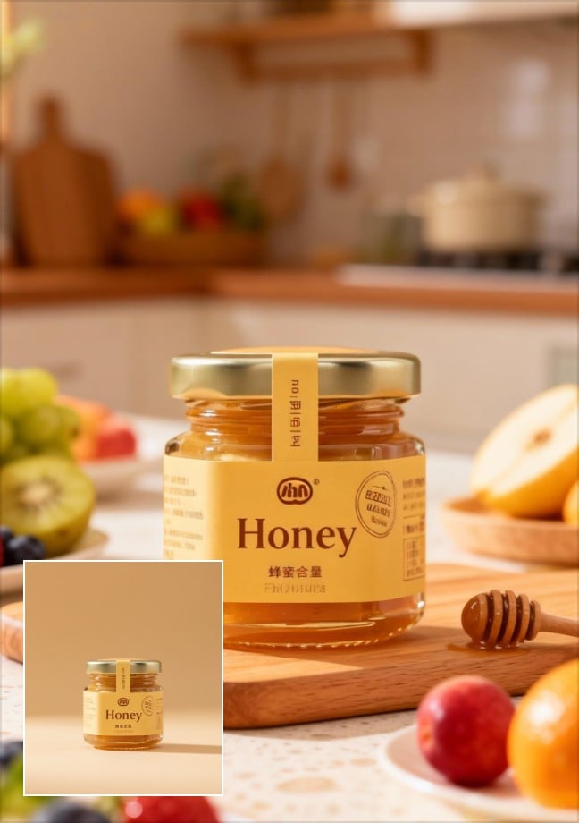 A bottle of a yammy honey image with realistic bg