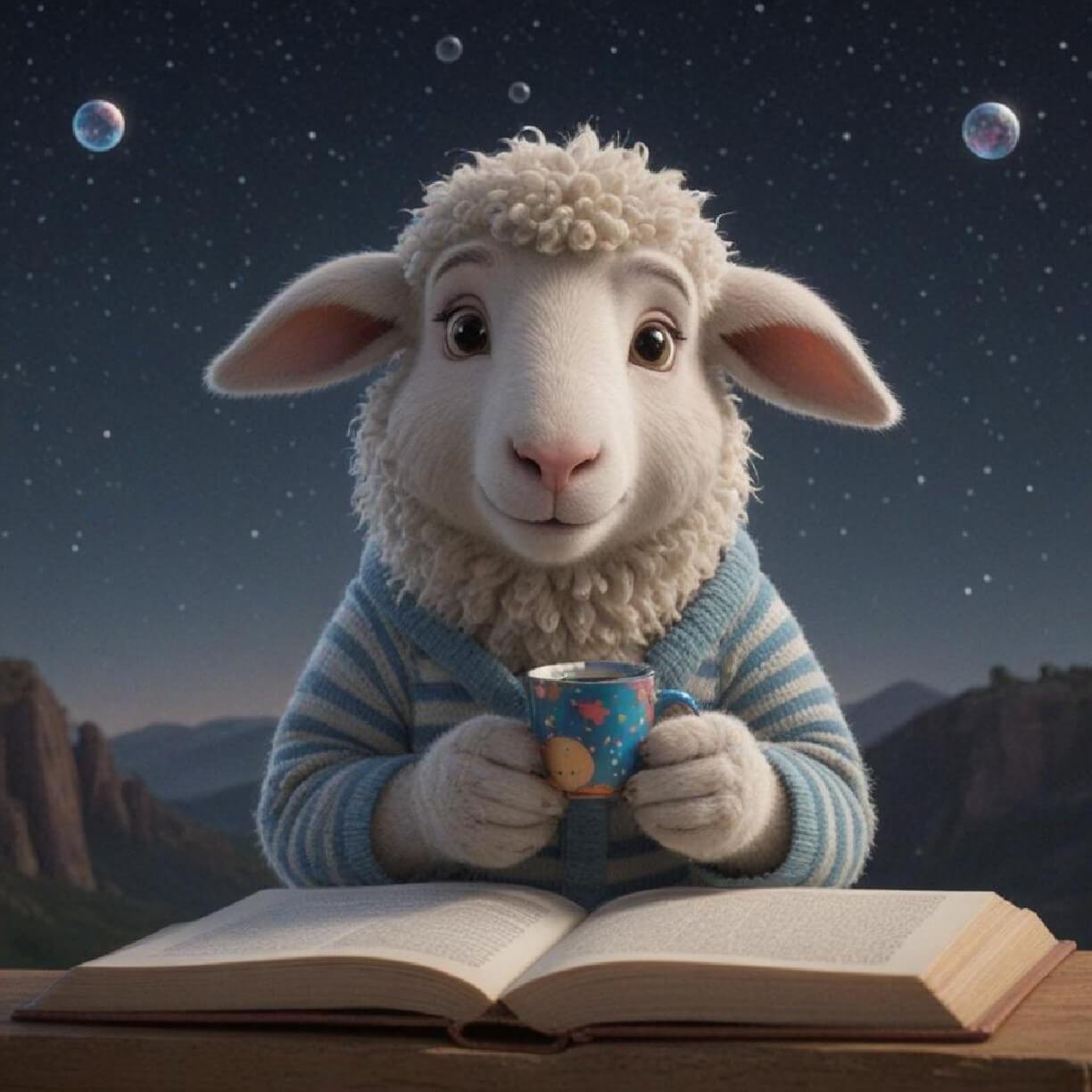 A cartoon image of a white sheep wearing striped pajamas