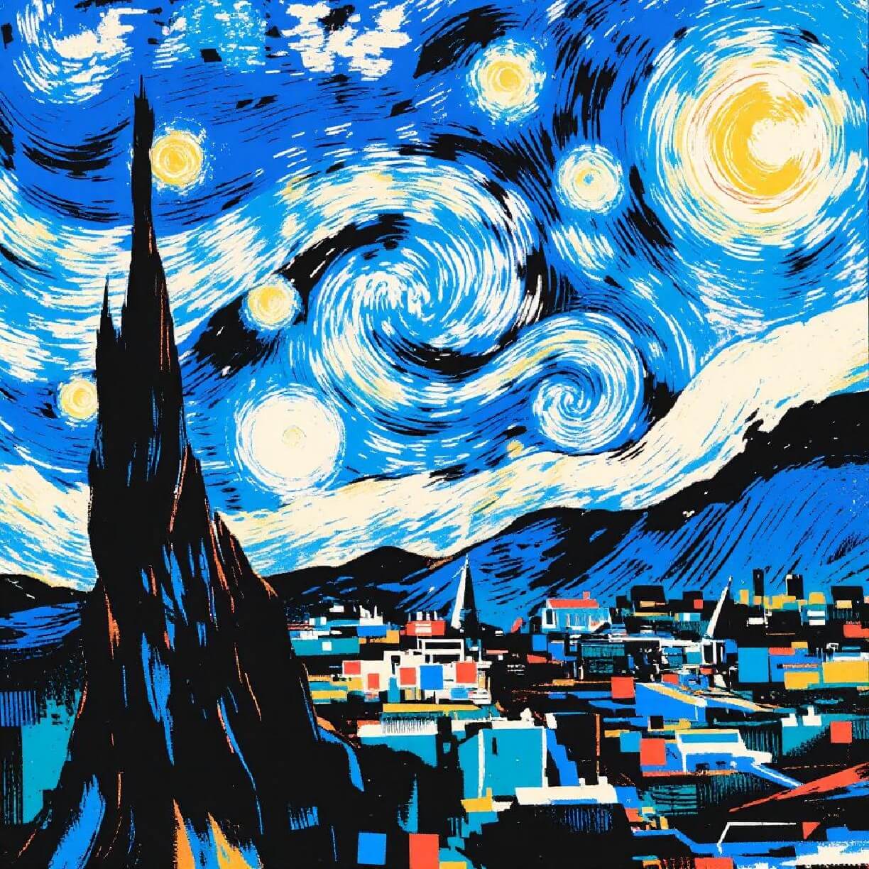 A cartoon style image of van goghs starry night