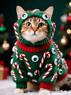 A cat with a green ugly christmas sweater