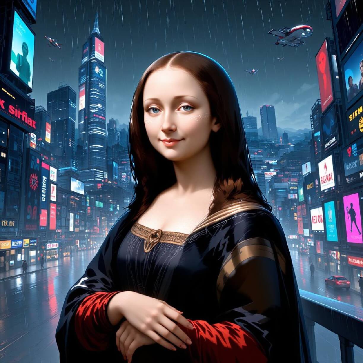 A cyberpunk style ai cartoon image of mona lisa