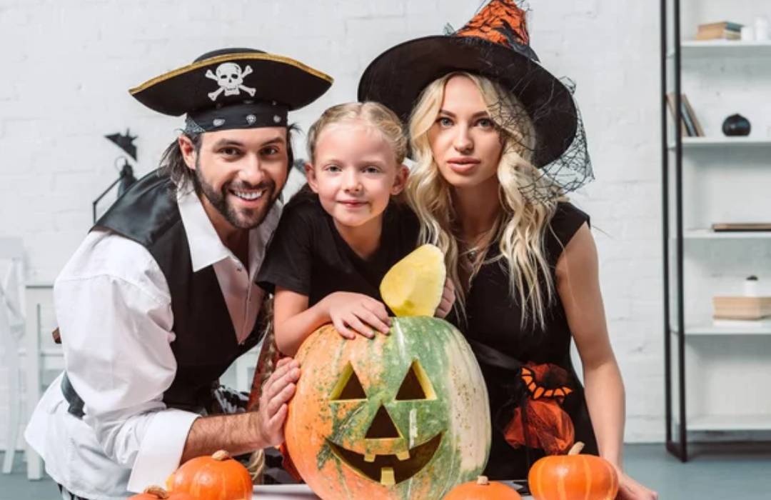 A family in a Halloween party