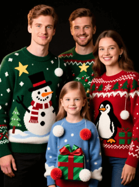 A family photo featuring four persons with ugly christmas sweaters