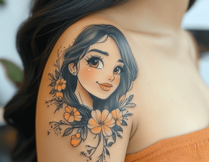 Feminine classy shoulder tattoo with a cute girl portrait