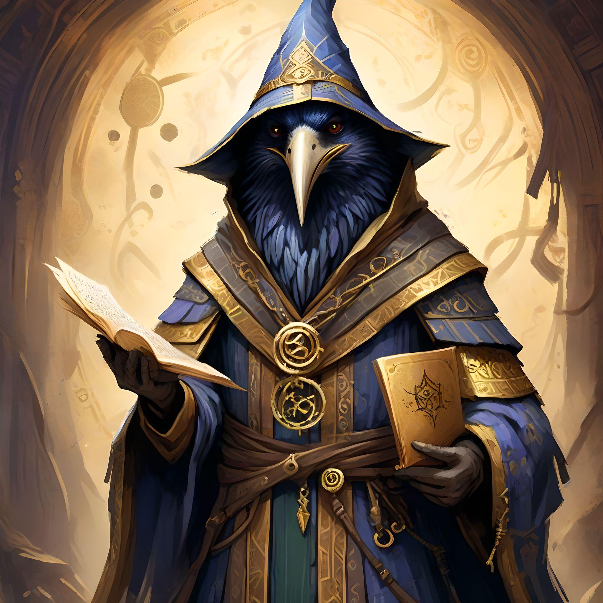 A kenku wizard with patchwork robes