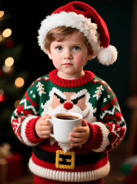 A little boy with pretty christmas sweater and santa hat holding a cap of coffee