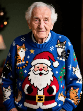 A old man with a blue ugly christmas sweater
