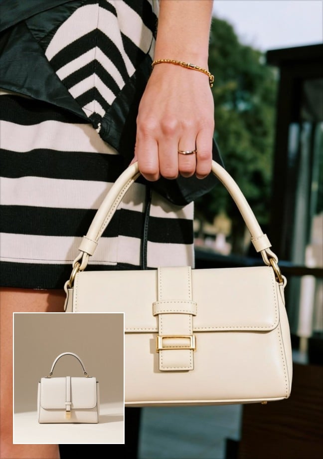 A professional photoshoot for the white handbag