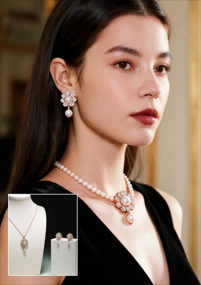 A realistic product photoshoot featuring a beauty wearing elegant earrings and necklaces