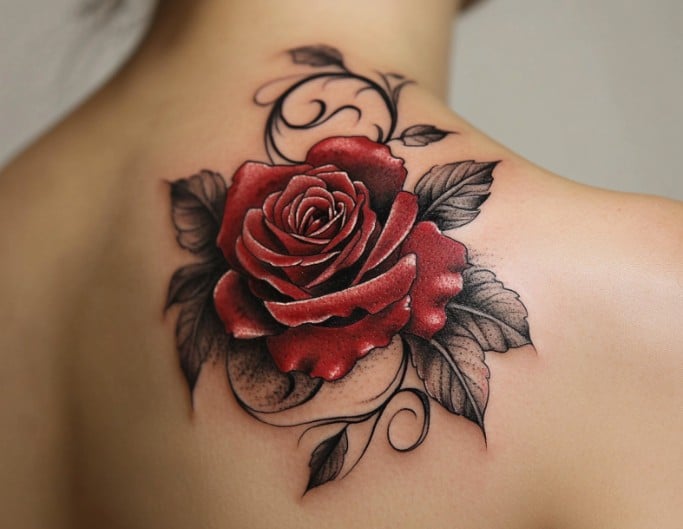 Red rose shoulder tattoo for female on shoulder blade