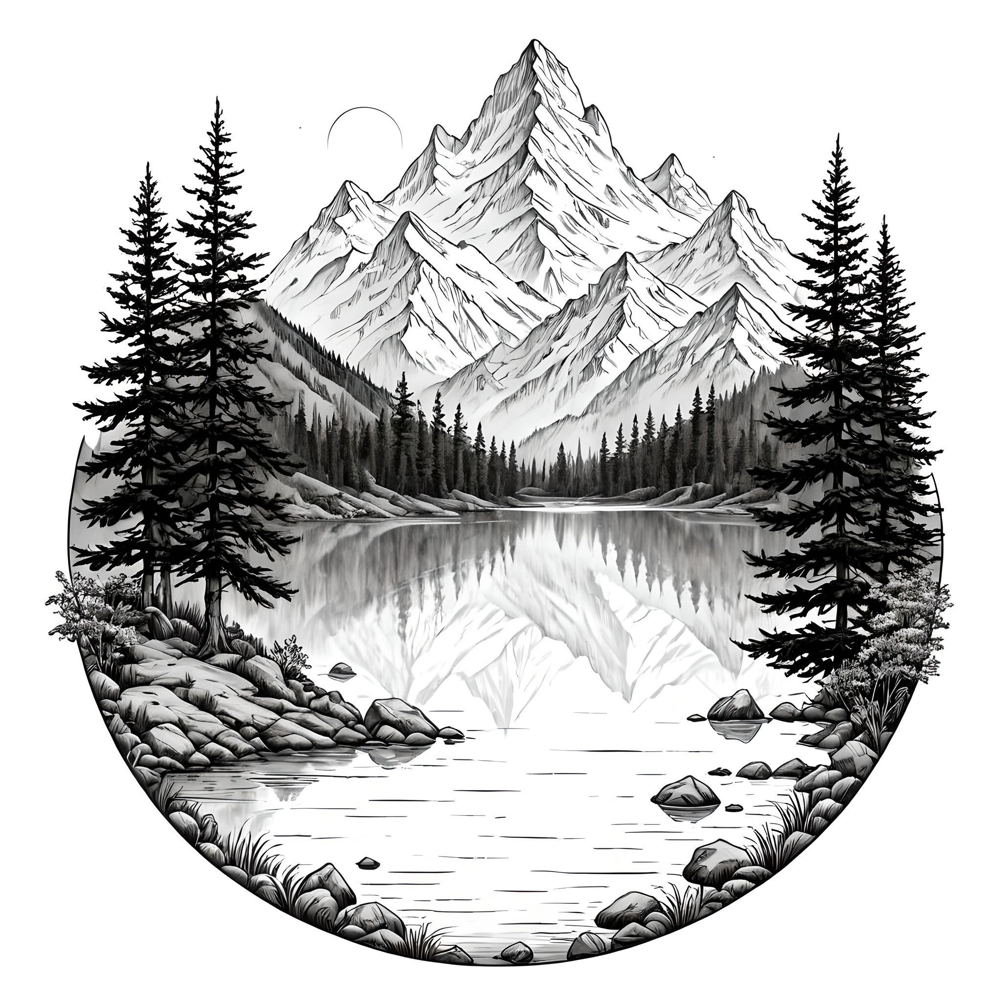 A serene lake surrounded by towering mountains black and dark grey color pure white background
