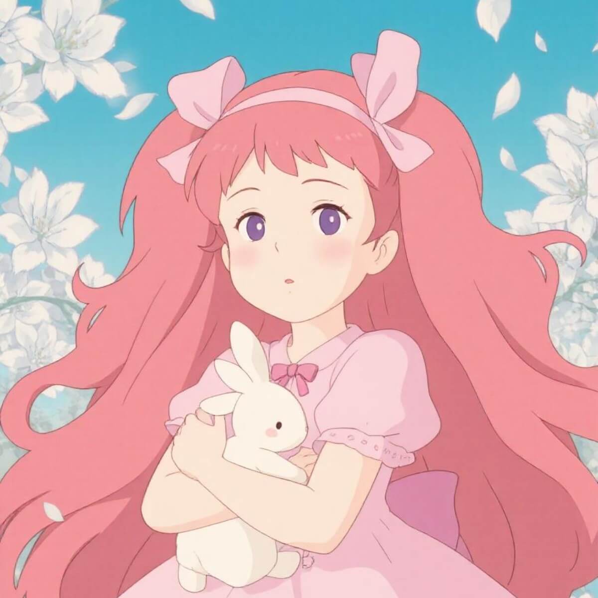 A studio ghibli pink girl image holding a rabbit