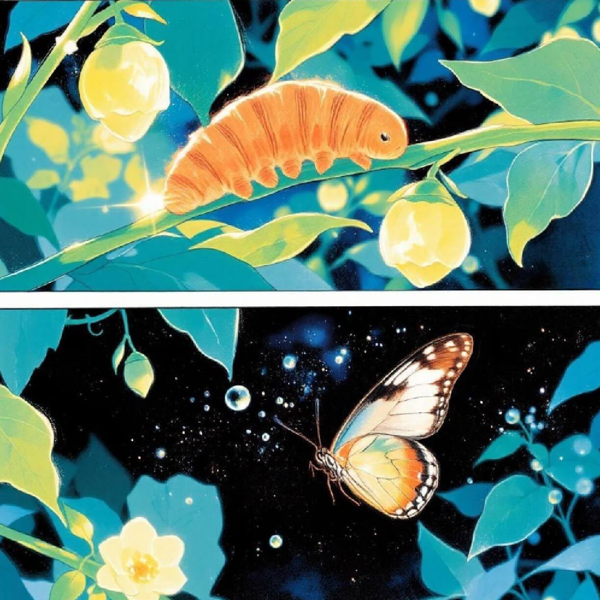 A two panel ai cartoon comic in watercolor style