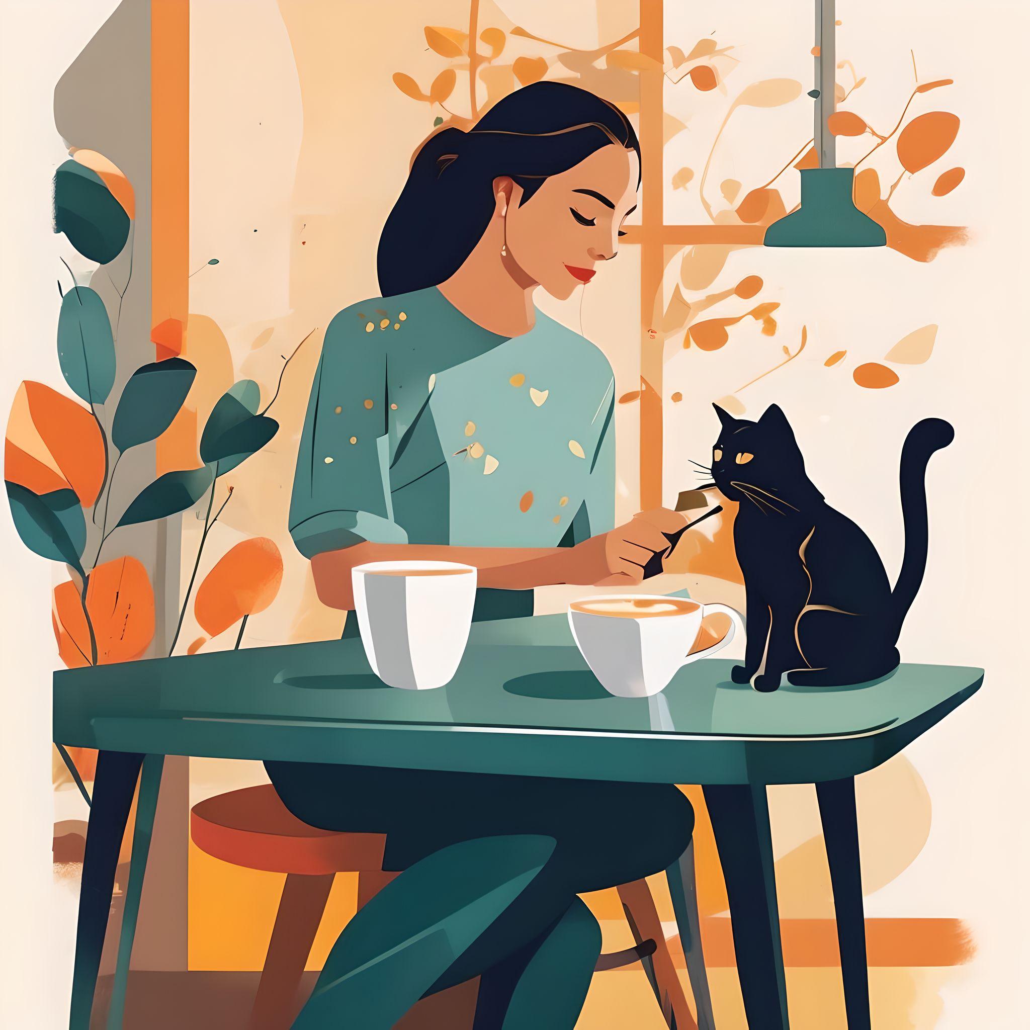 一个女人坐在桌子旁，面前有一只猫和一杯咖啡