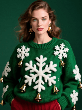 A woman with a green ugly christmas sweater