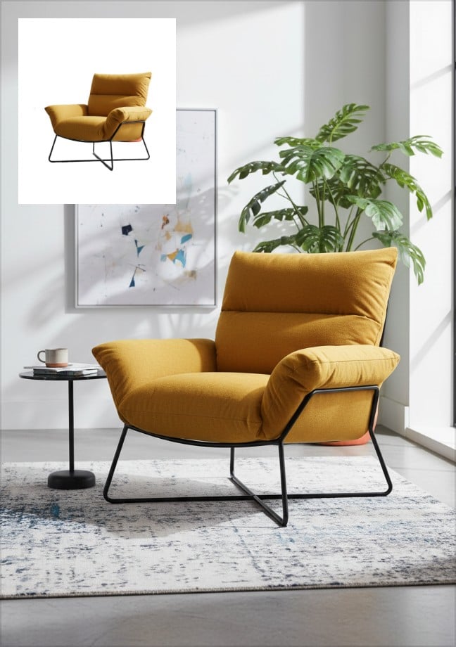 Add a realistic background for the yellow single sofa image