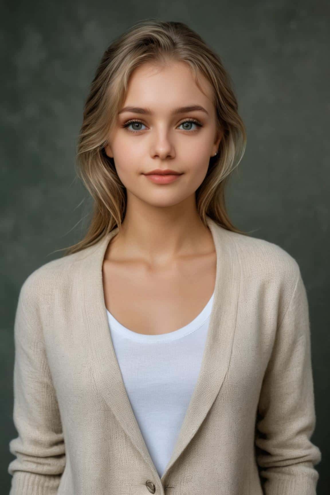 Ai generated causal and stylish headshot for a woman in biege sweater