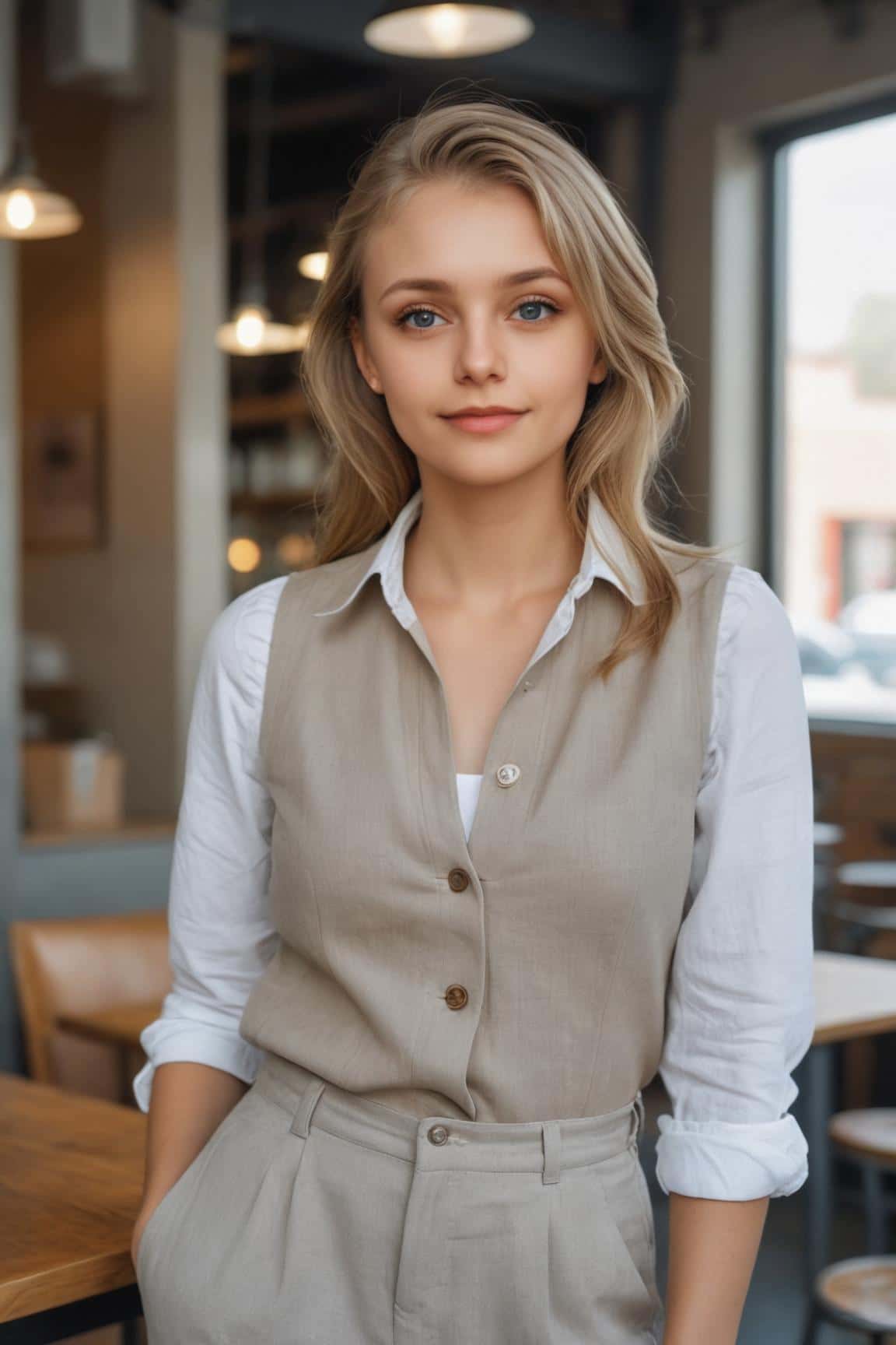 Ai generated causal headshot for a woman in biege vest