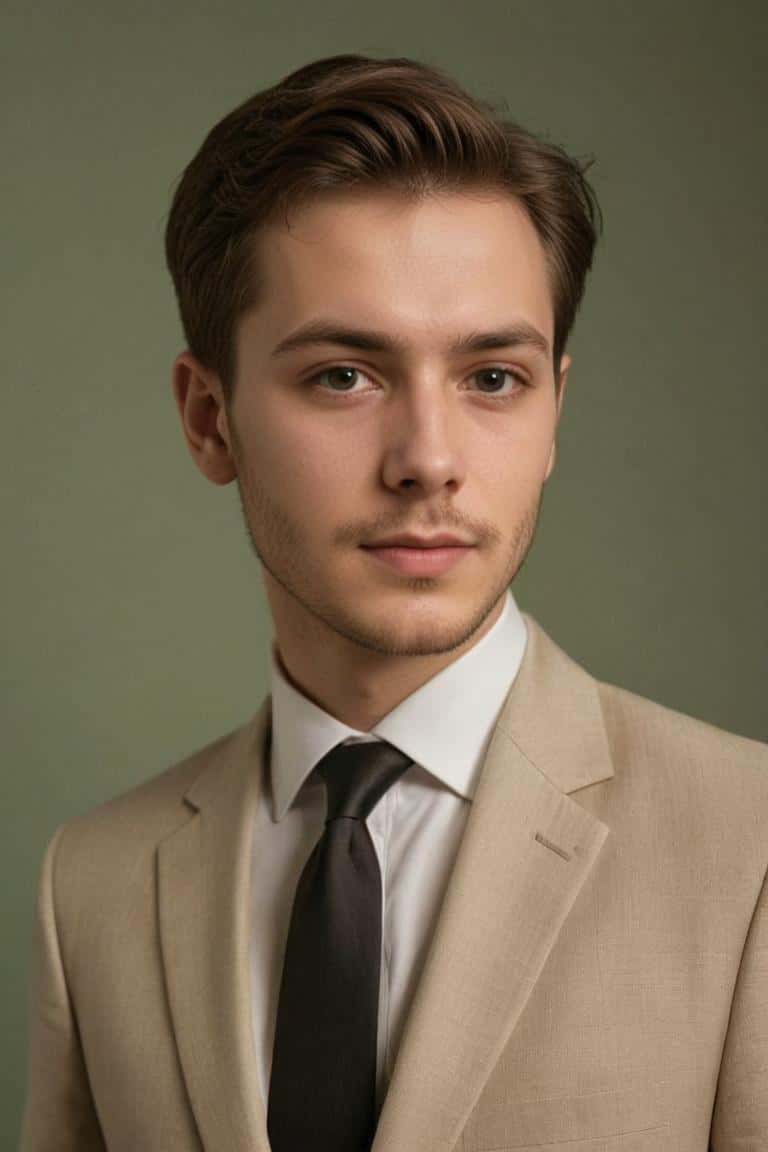 Ai generated headshot for a man in biege suit indoor