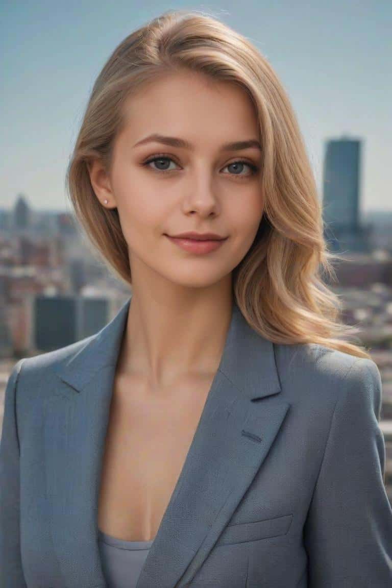 Ai generated outdoor cityscape headshot for a woman wearing grey suit