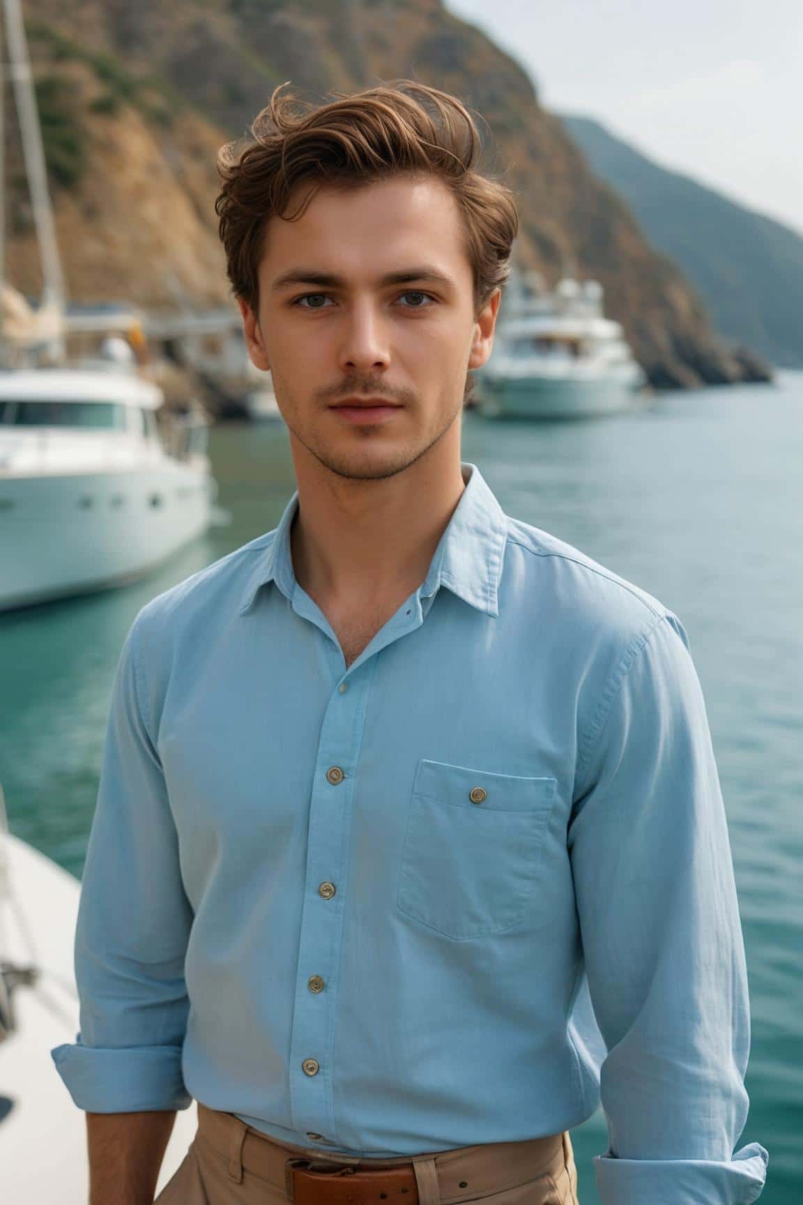 Ai generated outdoor headshot for a man wearing blue shirt
