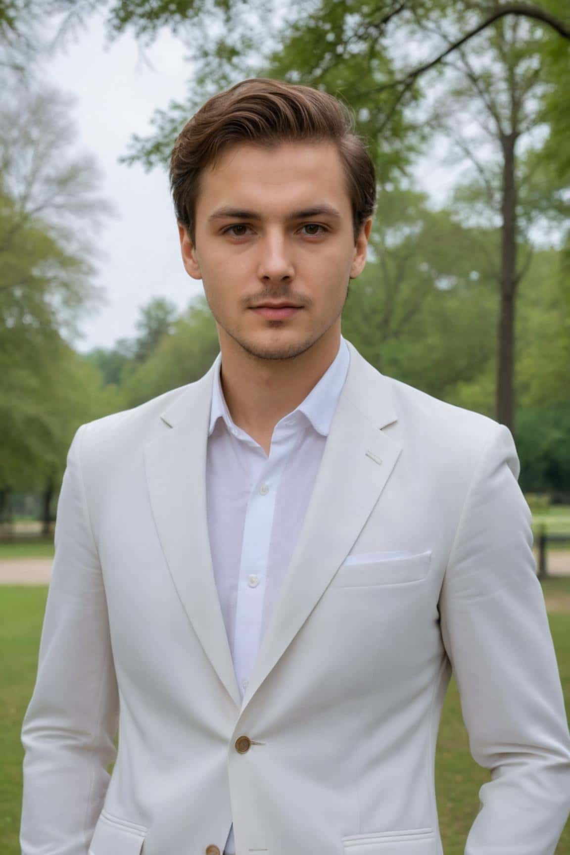 Ai generated outdoor headshot for a man wearing white suit