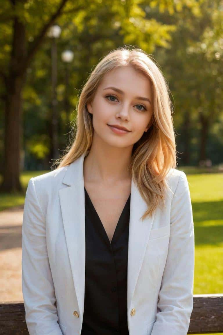 Ai generated outdoor headshot for a woman wearing blue white and black suit