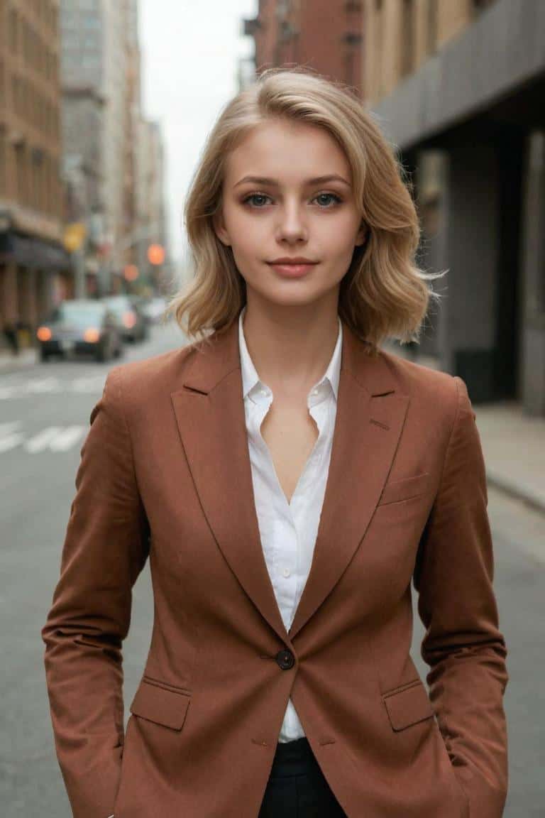 Ai generated outdoor street headshot for a woman wearing brown suit