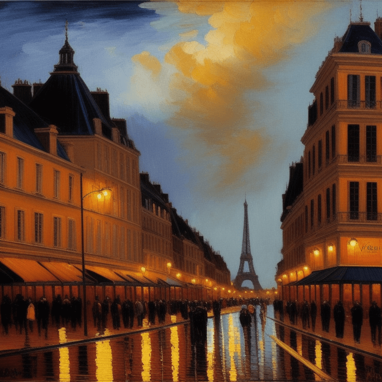 ai generated photo of many people walking on the wet streets of Paris at night facing the Eiffel Tower