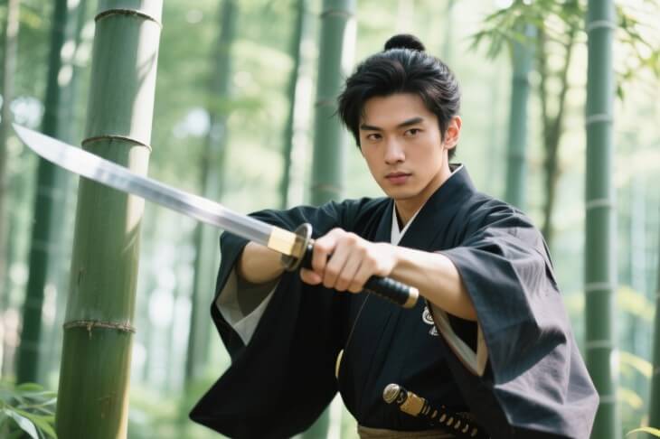 AIイケメンの和風剣士が着物姿で刀を持ちポニーテールで竹林の中に立つ