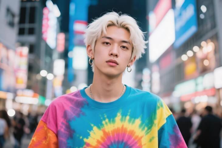 AIイケメンの渋谷系男子がブリーチヘアにピアスでオーバーサイズTシャツを着てスクランブル交差点を歩く