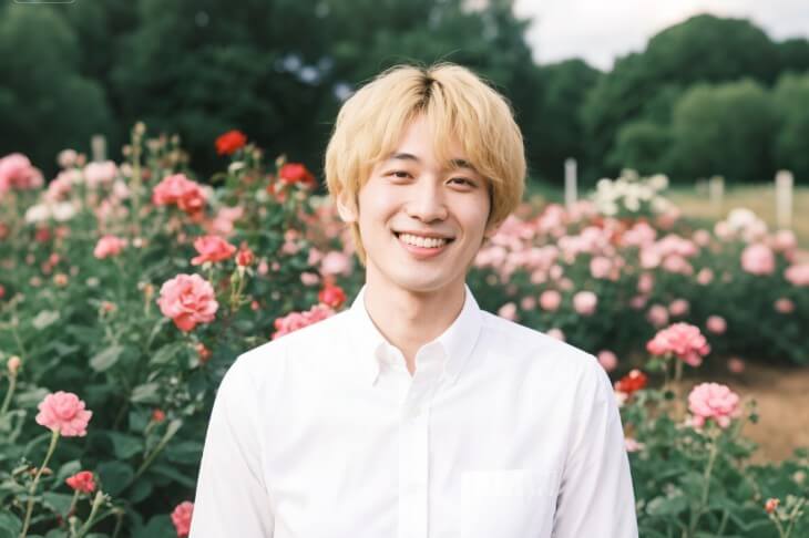 AIイケメンの王子様系男子が金髪で白いシャツを着て微笑みながらバラの庭園にいる
