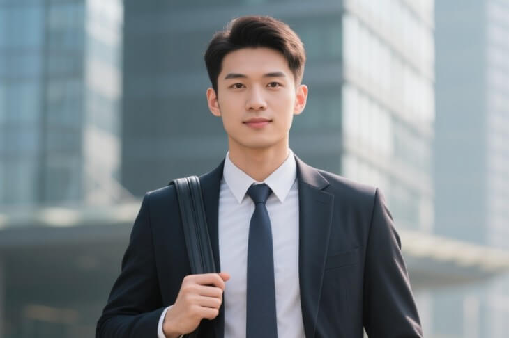 AIイケメンのサラリーマン風男性がスーツにネクタイでビジネスバッグを持ってオフィス街の朝を歩く