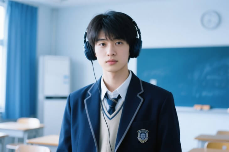 AIイケメンのアニメ風美少年が制服にヘッドホンで風に舞う前髪で放課後の教室にいる