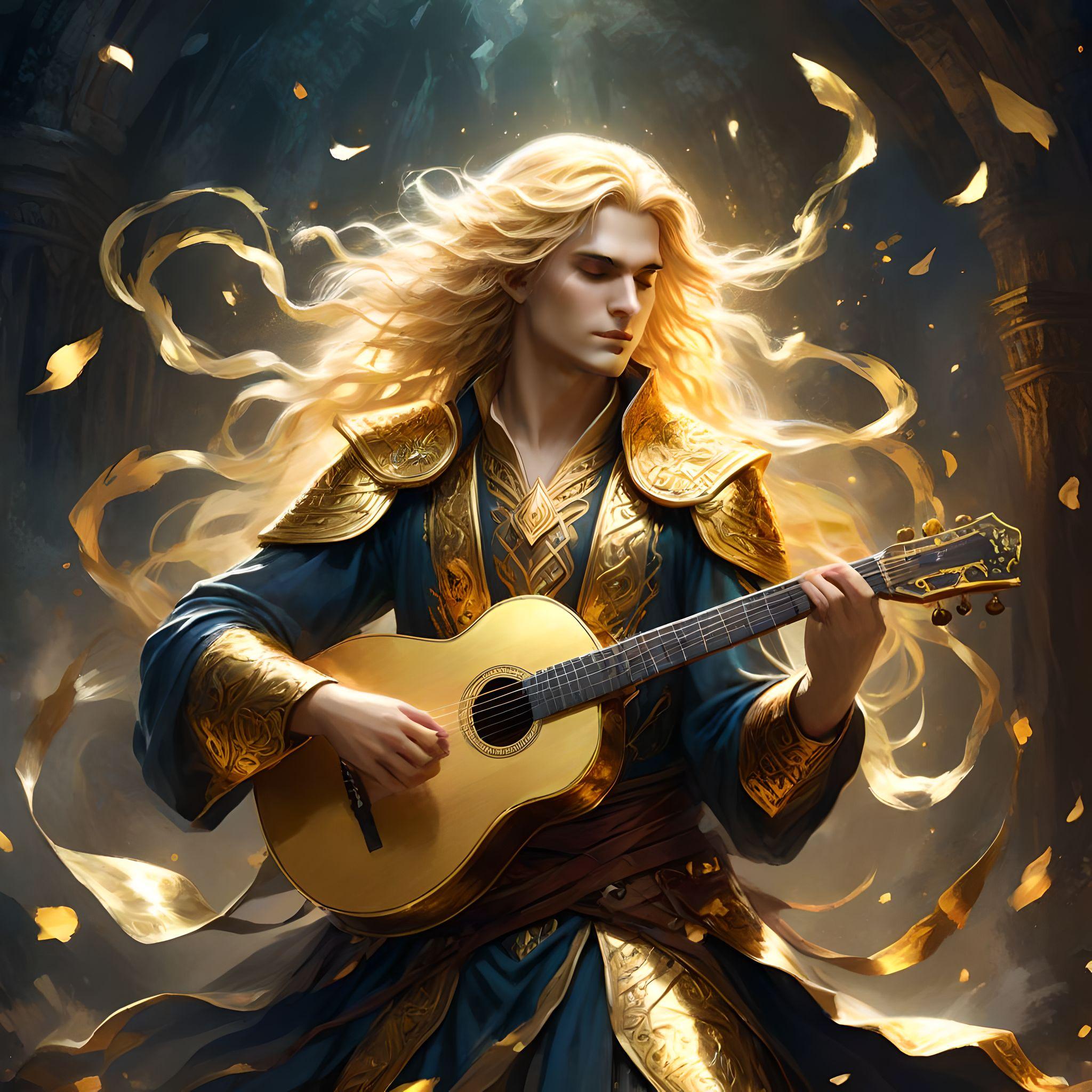 An Aasimar bard with golden hair