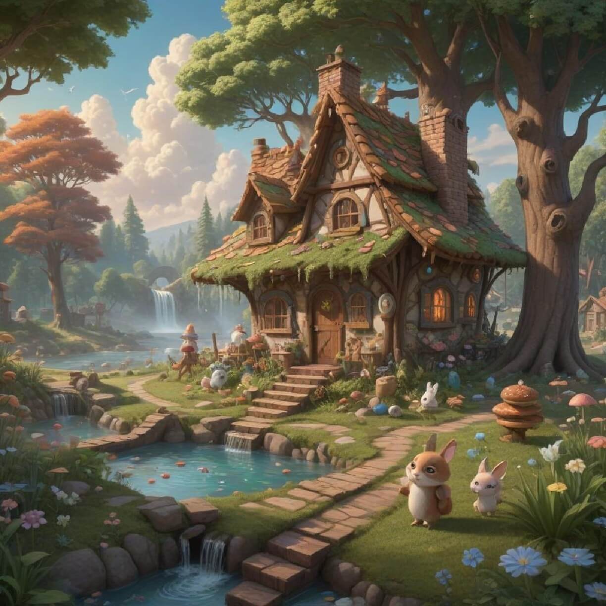 An ai cartoon illustration of a forest cabin