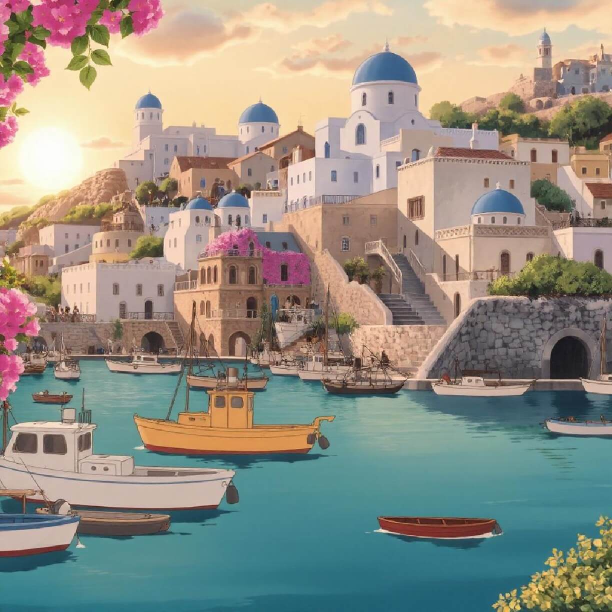 An ai cartoon image of a coastal village