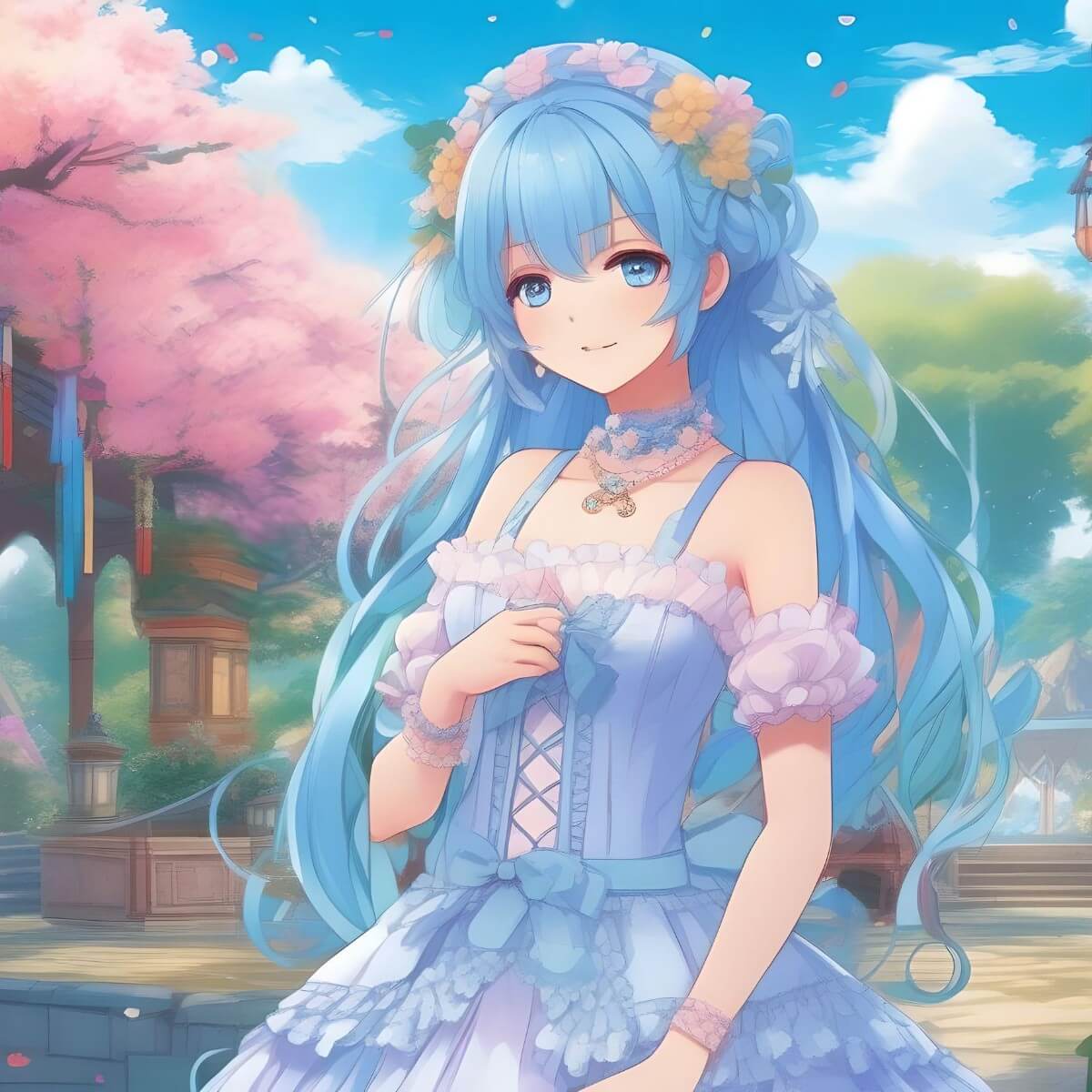 An anime image of a beautiful character wearing a blue long dress