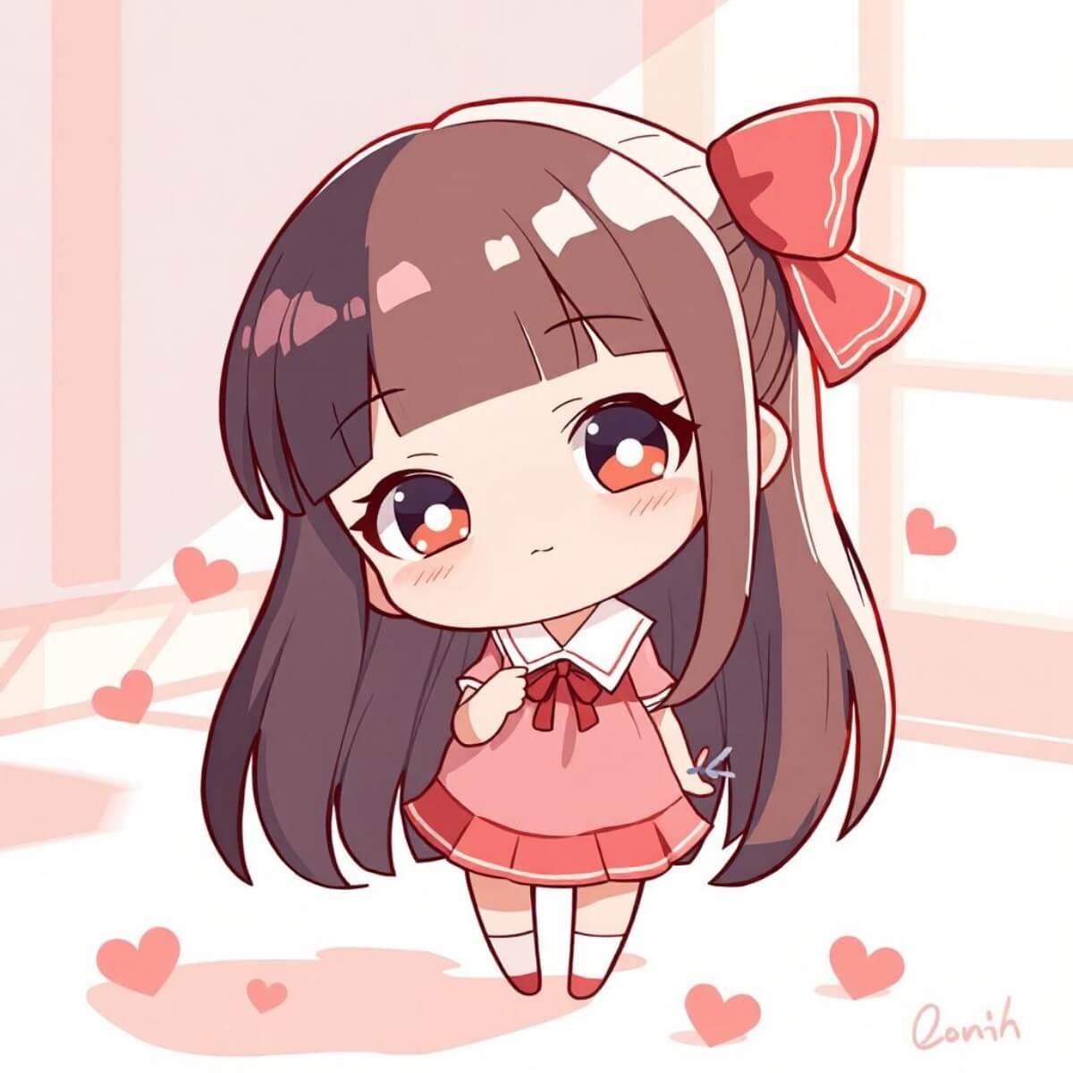 An anime image of a cute pink haired girl in a mini style