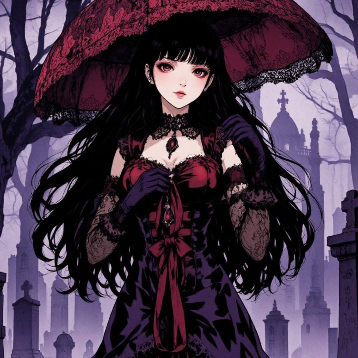 An anime image of a gothic style woman holding an umbrella