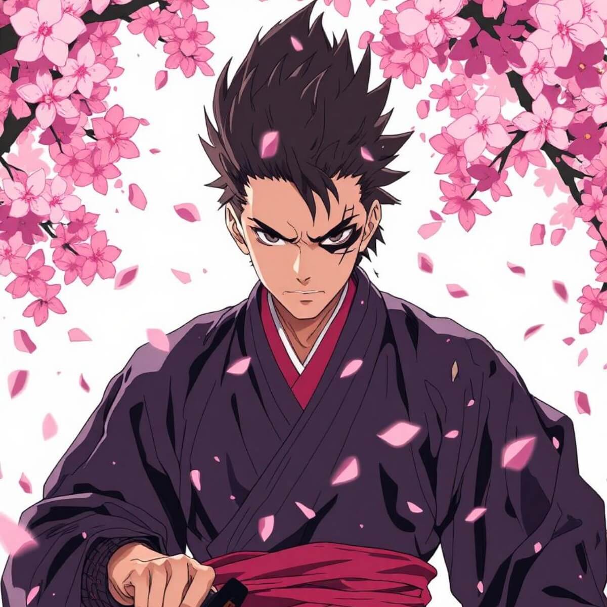 An anime image of a male samurai under cherry blossoms