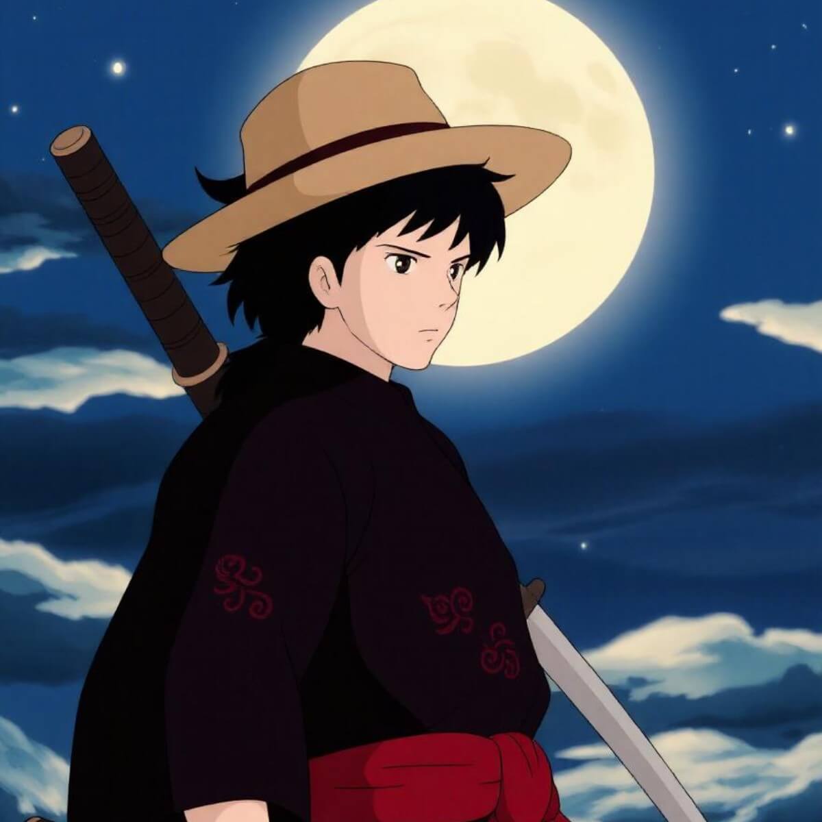 An anime image of a male samurai under the moon