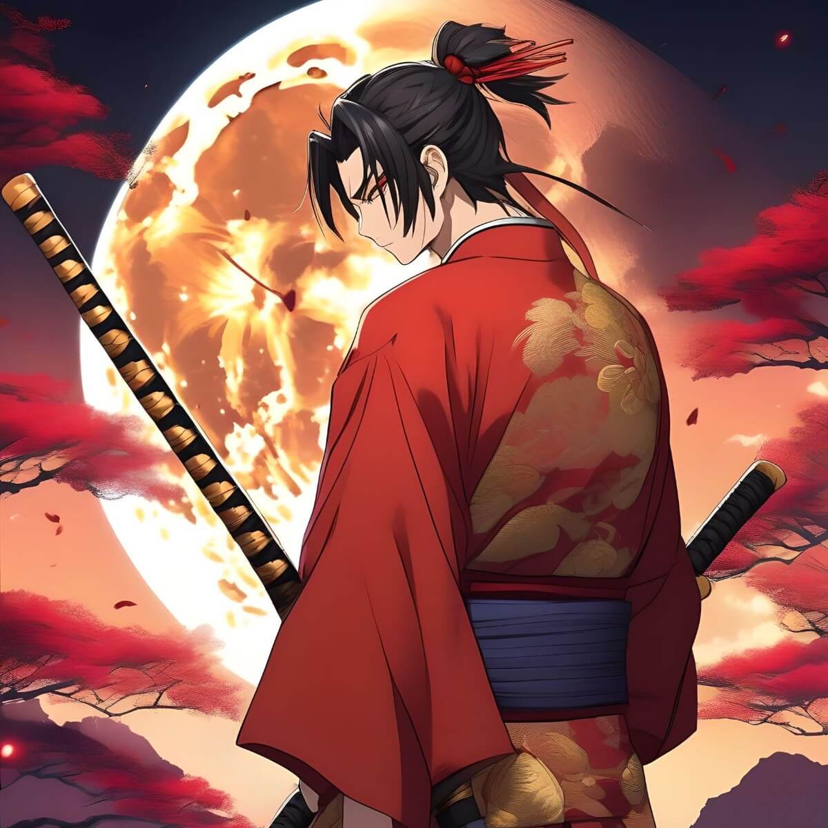 An anime image of a male samurai wearing red clothes