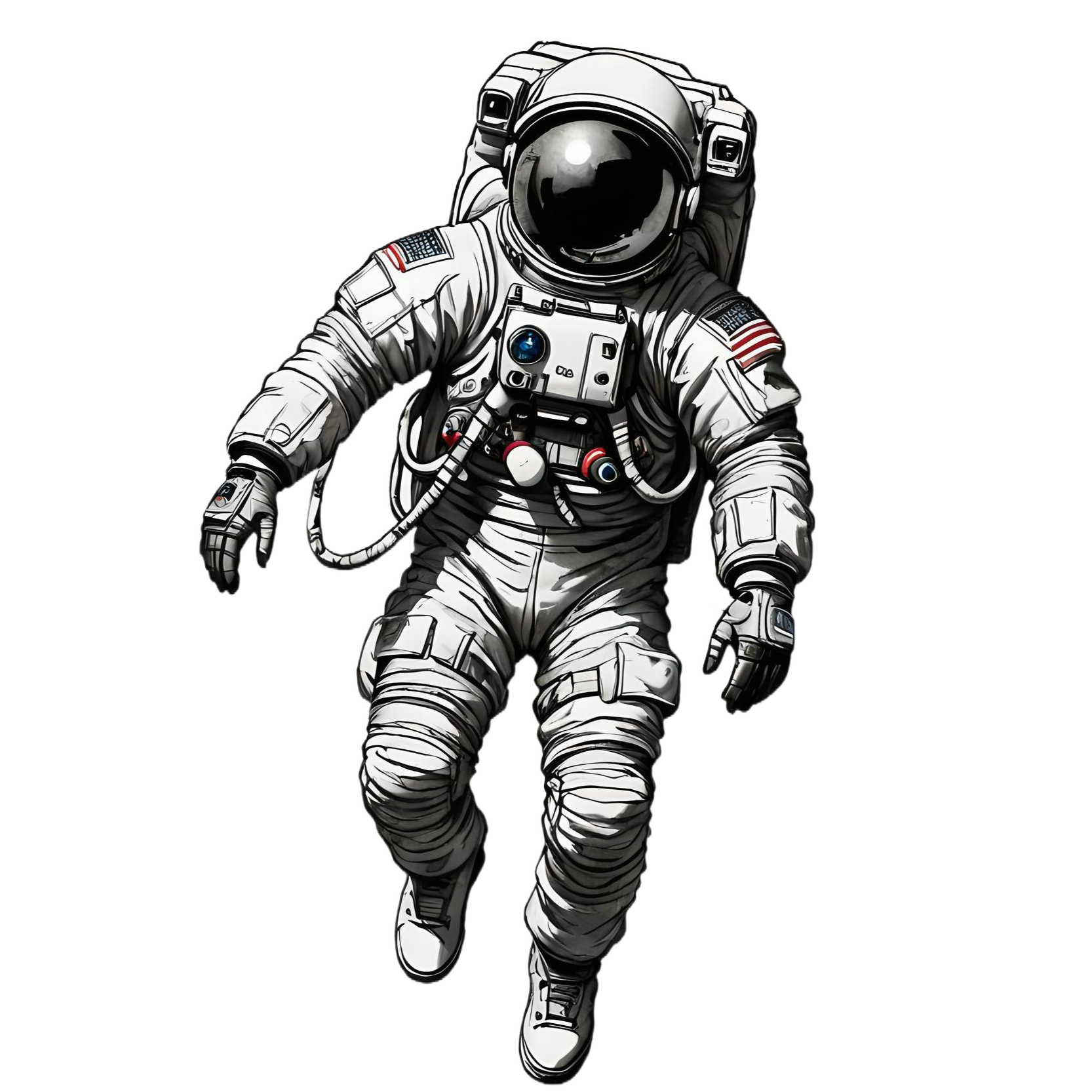 An astronaut floating in black and grey color foreground and pure white background