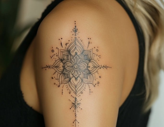 Shoulder arm tattoos for females with a floral icon