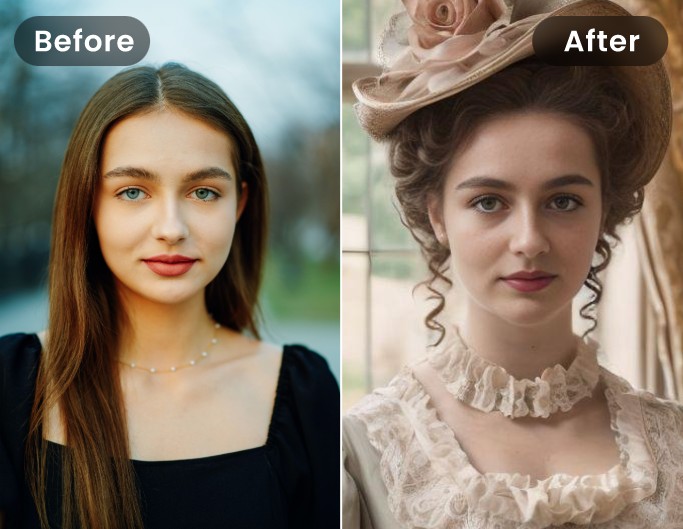 Before and after comparison effect of applying bridgerton filter to female in 20s