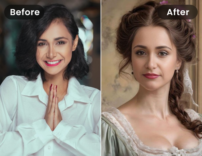 Before and after comparison effect of applying bridgerton filter to female picture